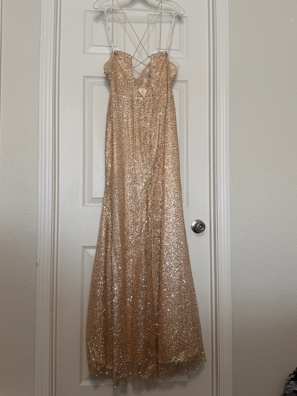 Champagne sequin cocktail gown with lace-up back